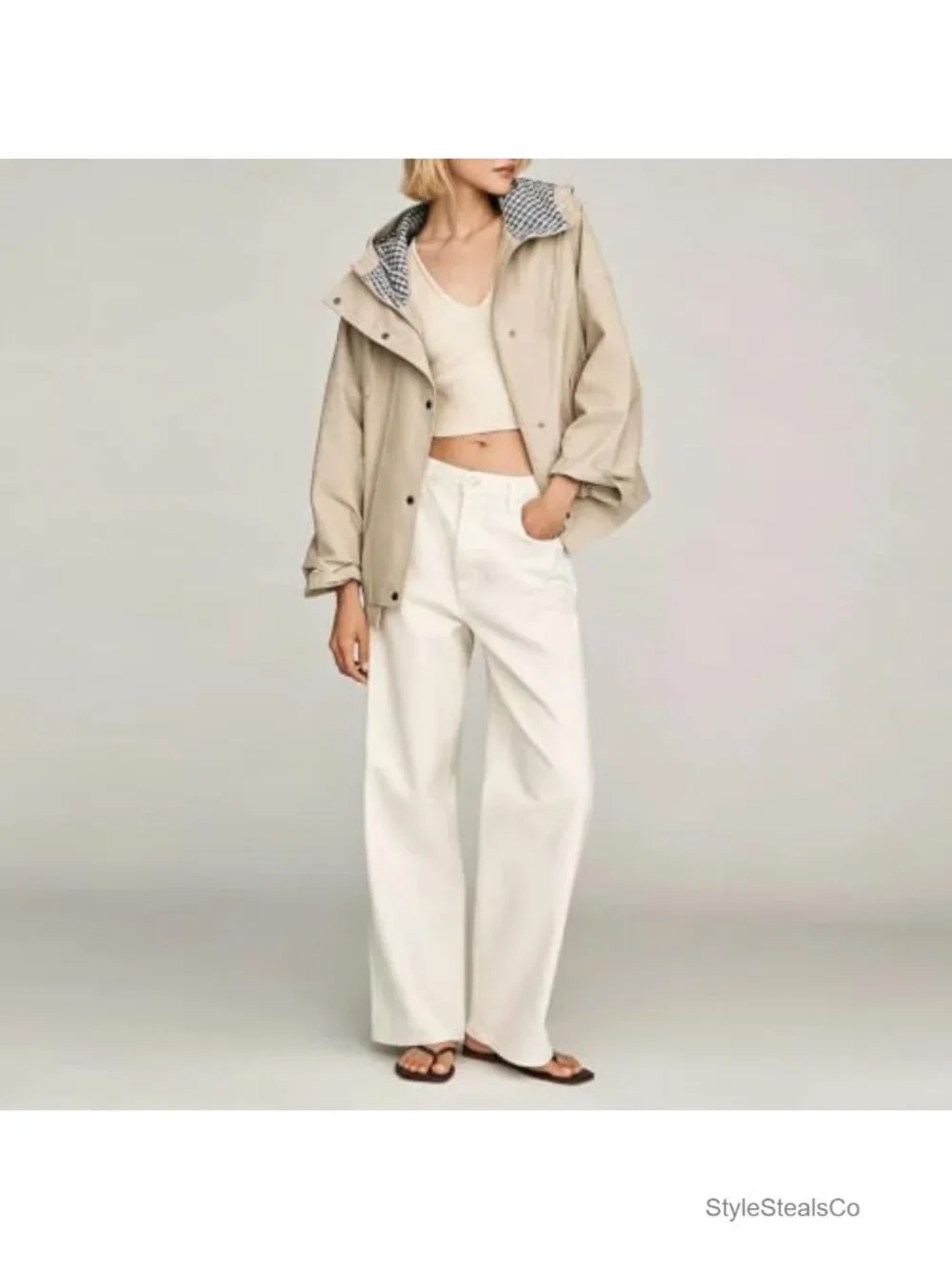 Womens Oversize Trench Coat Plaid Lining Hooded Zip Up Windbreaker